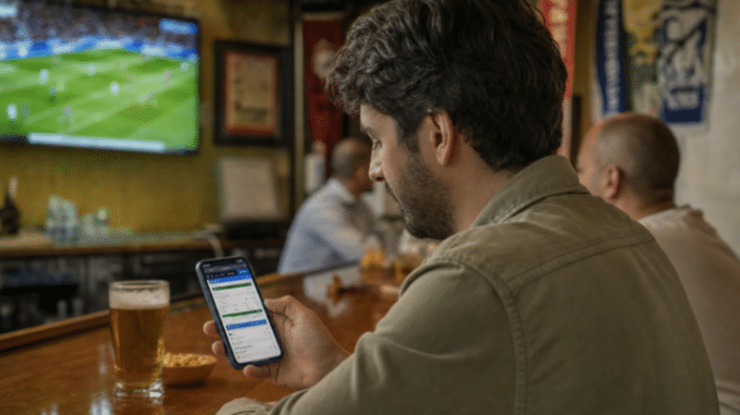 Hombre consulta en su móvil la app de una casa de apuestas mientras ve un partido de fútbol en un bar.